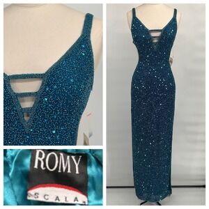 NWT Romy Scala Teal Beaded Silk Sequined Formal Dress Sleeveless Gown Size S